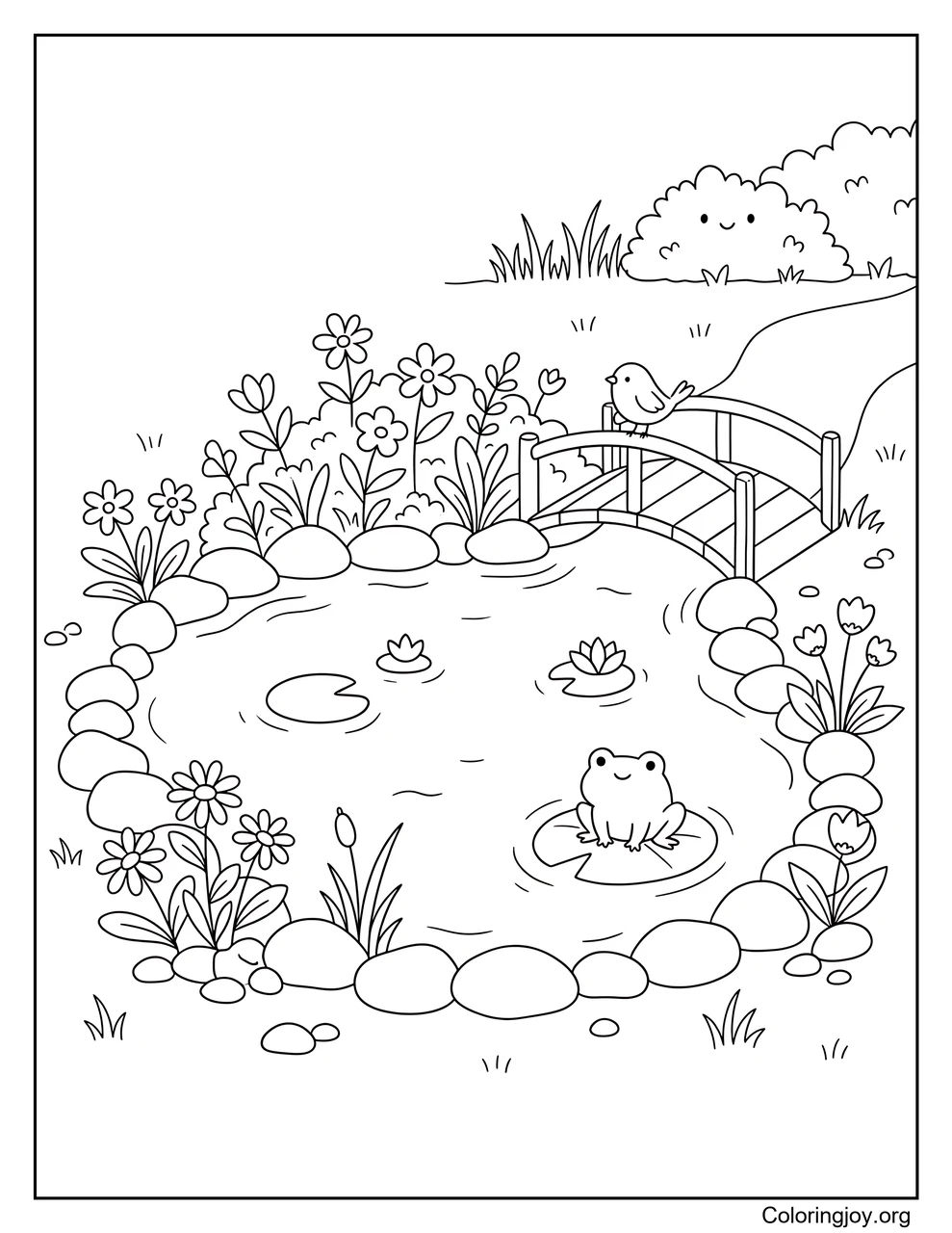 Ein Gartenteich liegt inmitten blühender Blumen.