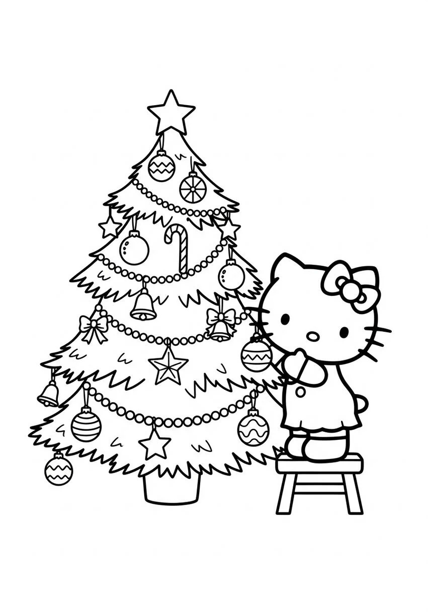 Hello Kitty Decorando el árbol Página para colorear navideña