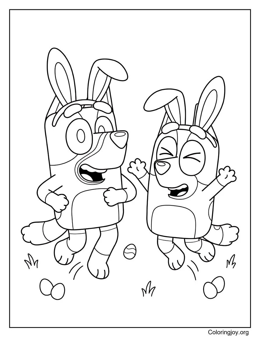 Juntos, Bluey y Bingo saltan como alegres conejitos.