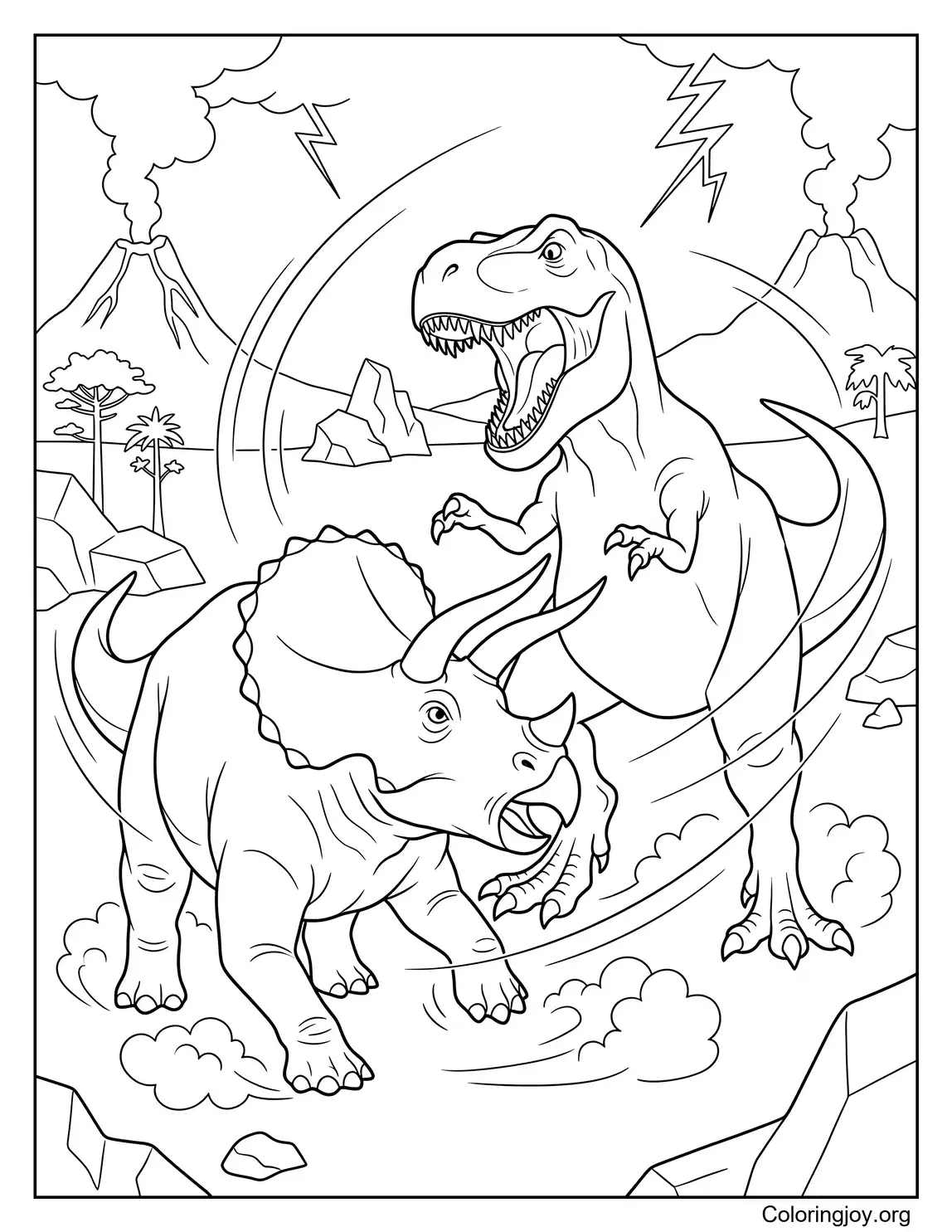 Triceratops vs T Rex Dinosaur Battle Coloring Page