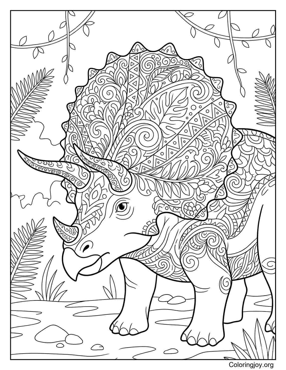 Triceratops With Detailed Frill Pattern Coloring Sheet