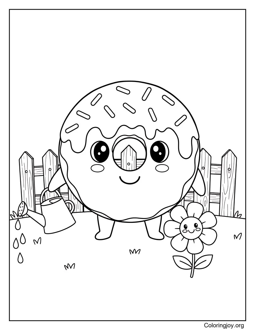 Meet a sprinkle-covered donut watering a happy flower.