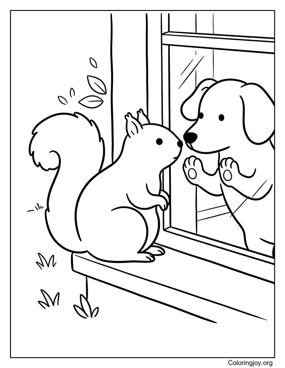Squirrel Staring Down a Dog Through a Window
