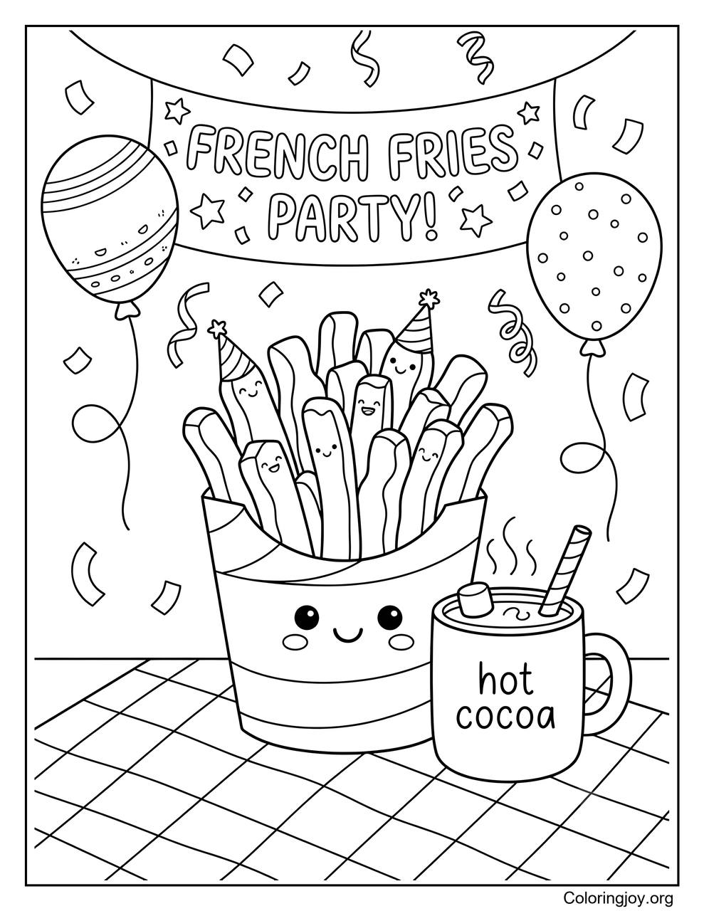 Balloons and party decorations surround this festive plate of fries.