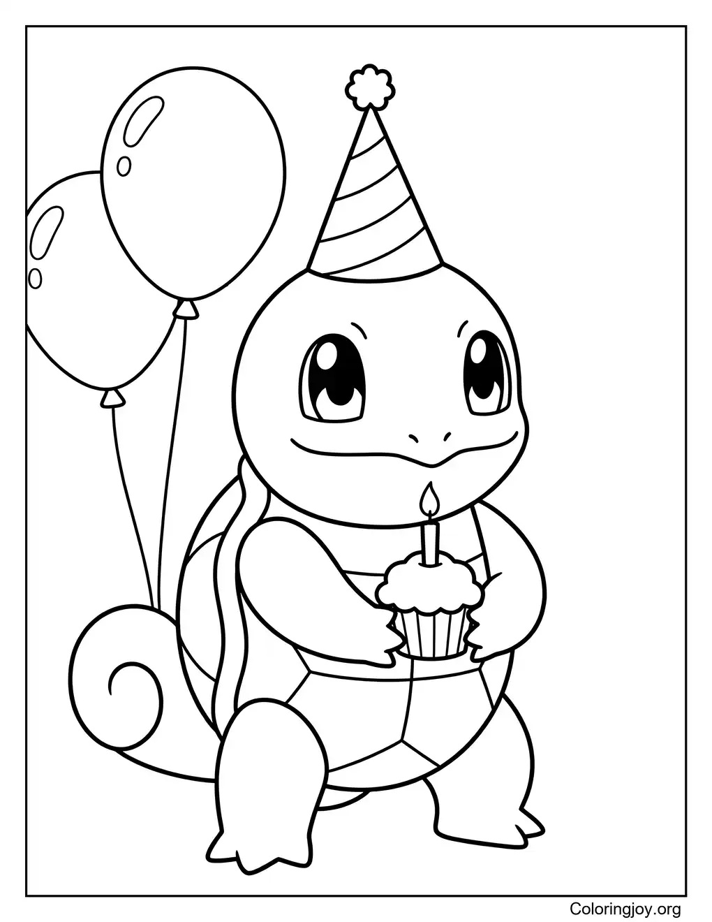 Coloriage Carapuce sur le thème de la fête d'anniversaire à imprimer