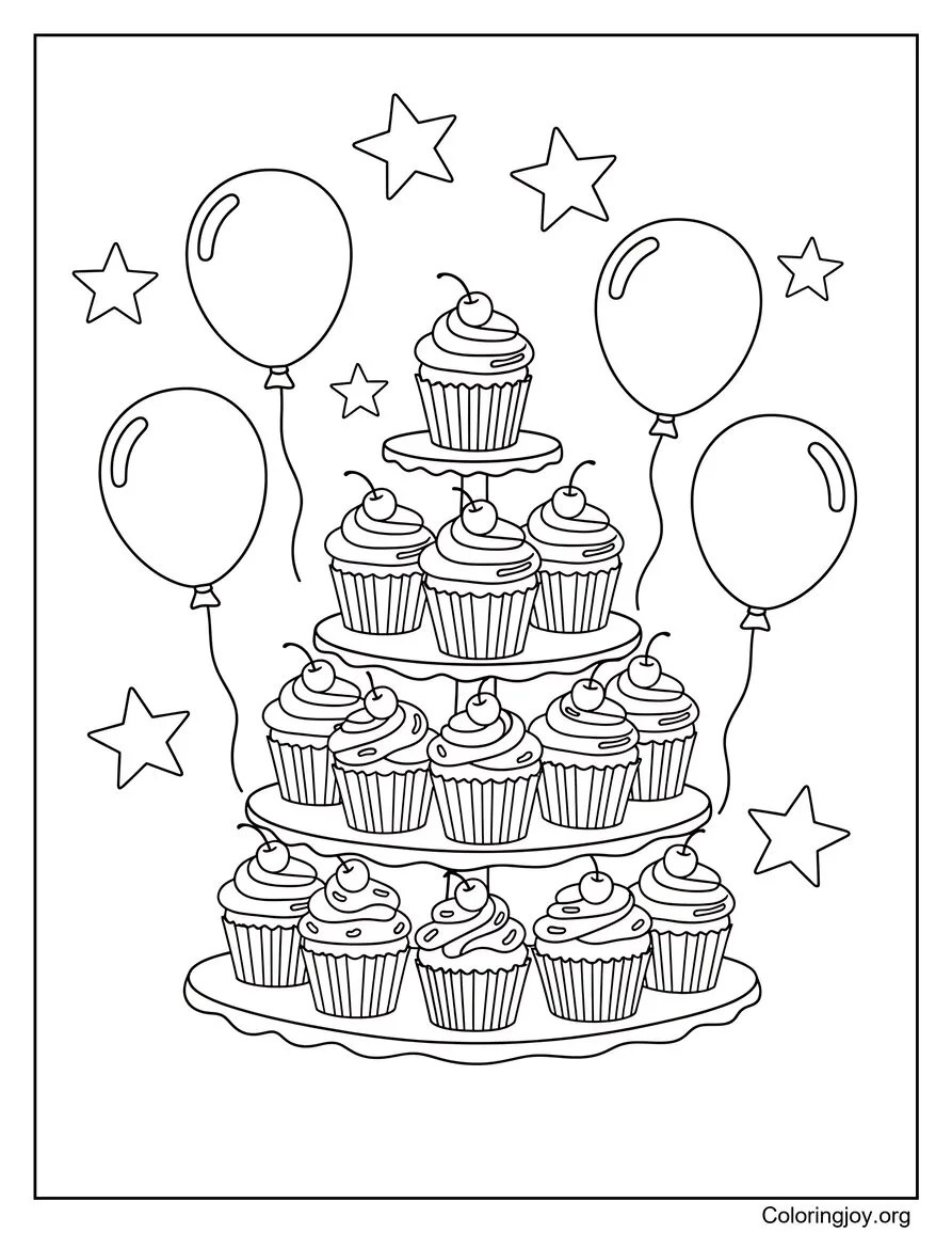 Coloriage de célébration de la tour Cupcake