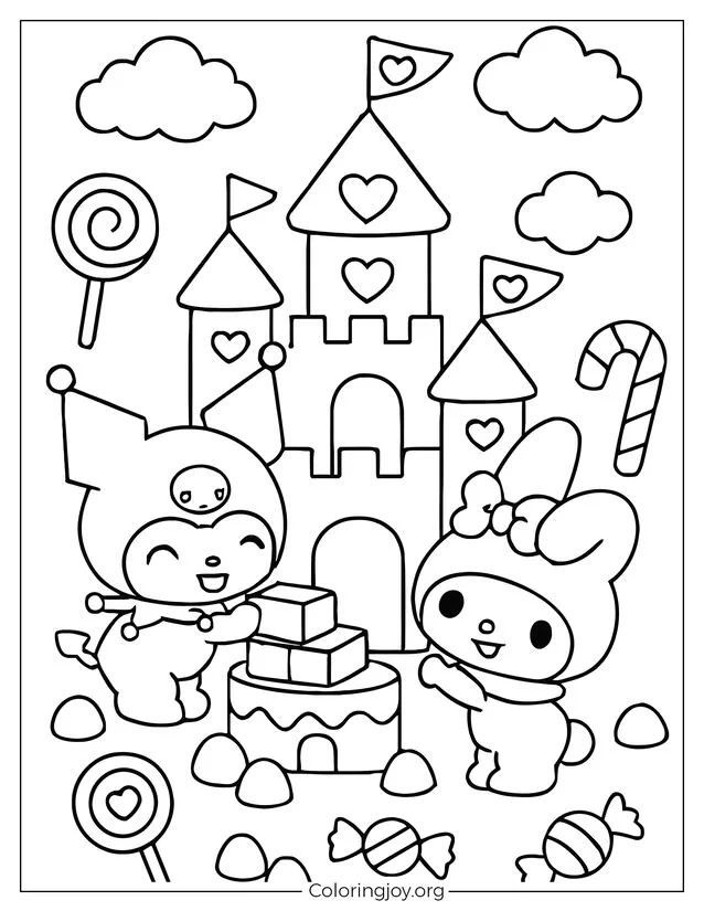 Färben Sie Kuromi und My Melody auf dieser süßen Farbseite aus, während sie ein süßes Süßigkeitenschloss bauen, das mit Lutschern, Zuckerstangen und Gummibärchen dekoriert ist.