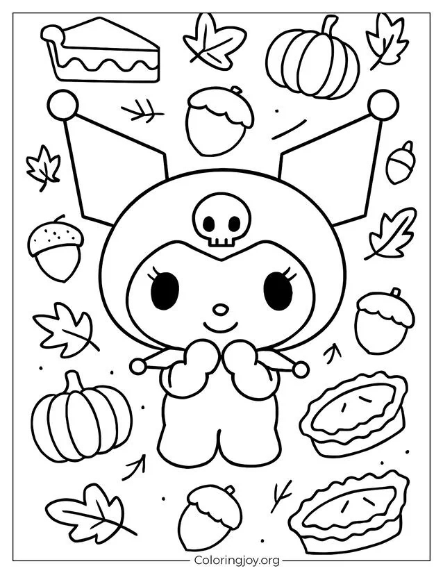 Feiern Sie die Jahreszeit mit Kuromi, umgeben von Kürbissen, Kuchen und Herbstblättern, in dieser kawaii Schwarz-Weiß-Druckvorlage.
