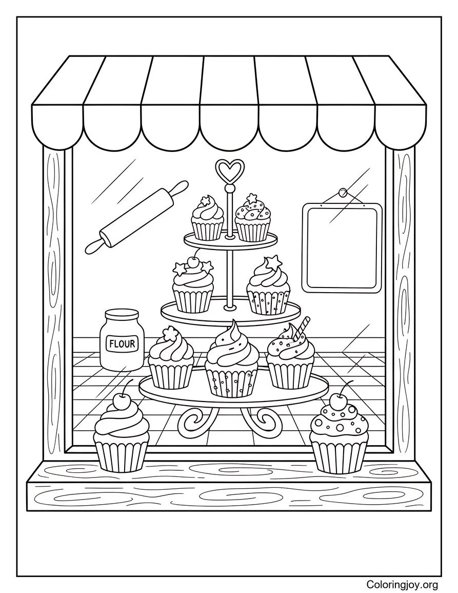 Fenêtre de boulangerie sucrée pleine de cupcakes