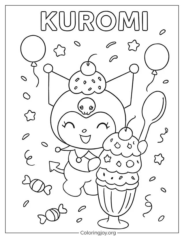 Kuromi stapelt Kugeln zu einem riesigen Eisbecher-Turm mit Sternen und Herzen.