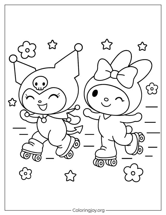Kuromi und My Melody rasen auf Rollschuhen mit fröhlichem Lächeln und einem verspielten Hintergrund.