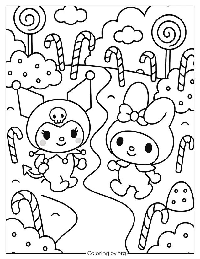 Kuromi und My Melody erkunden einen magischen Süßigkeitenwald mit Lutscherbäumen, Gummibärchenbüschen und Sternen.