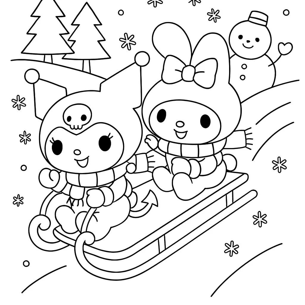 Kuromi und My Melody rasen auf Schlitten mit Schneeflocken, Kiefern und einem winkenden Schneemann einen verschneiten Hügel hinunter.