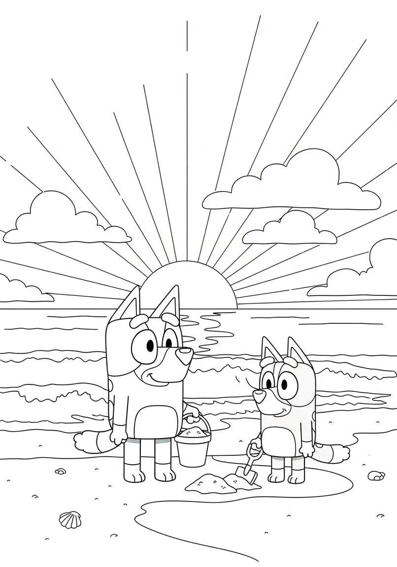 Bluey y Página para colorear del atardecer en la playa de Bingo