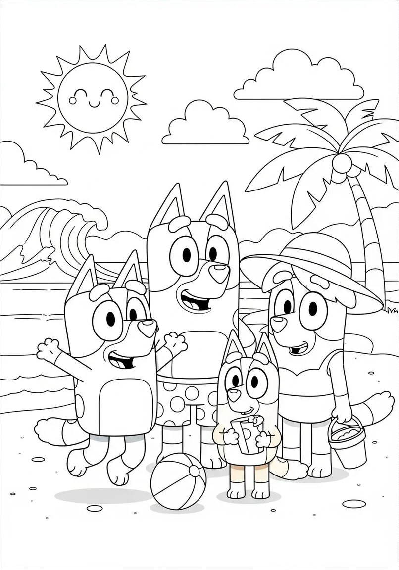 Bluey Página para colorear de vacaciones familiares en la playa