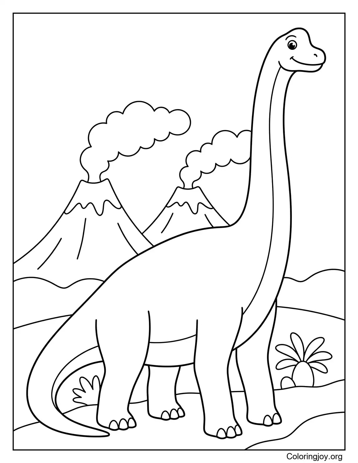 Giant Brachiosaurus Towering Over Volcanoes