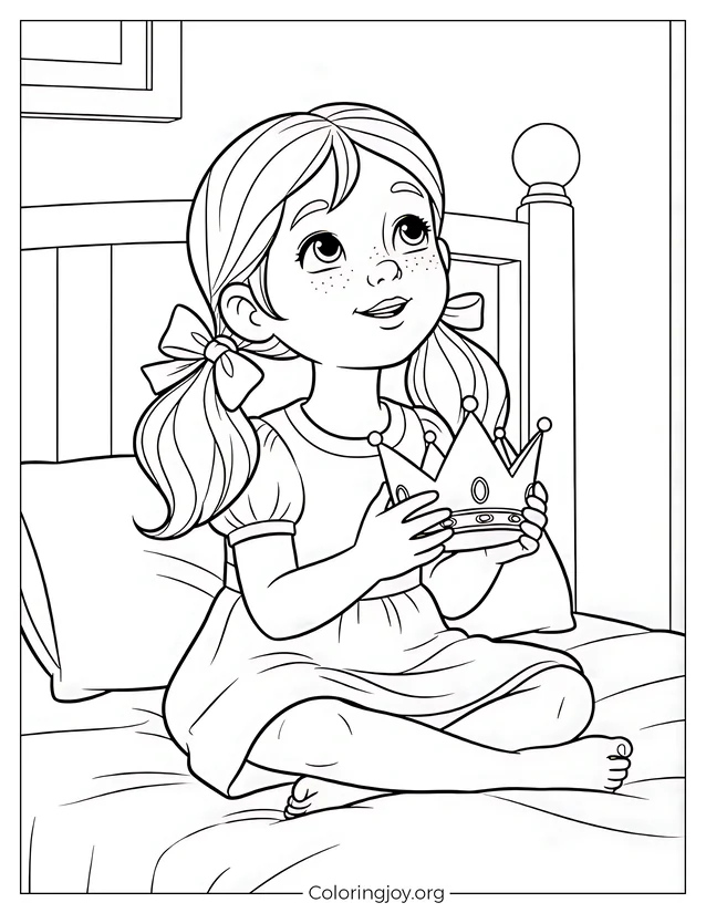 Dibujo de Niña Jugando con una Corona en su Cama para colorear