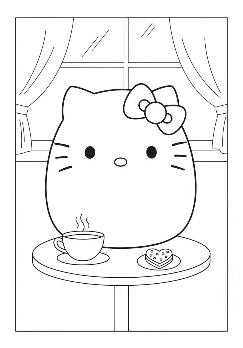 Hello Kitty Squishmallow Cafe Scene coloring page