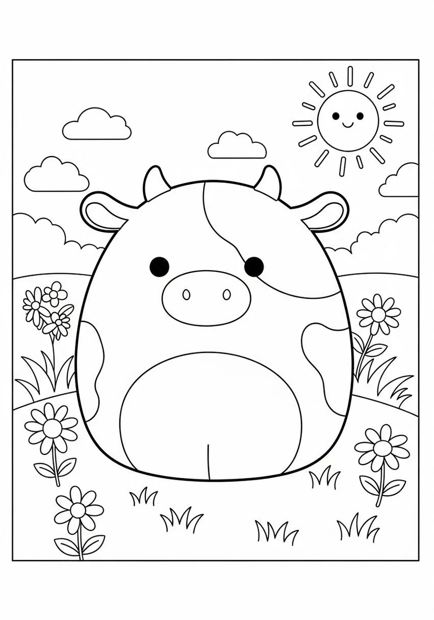 Squishmallow Cow in Sunny Meadow coloring page