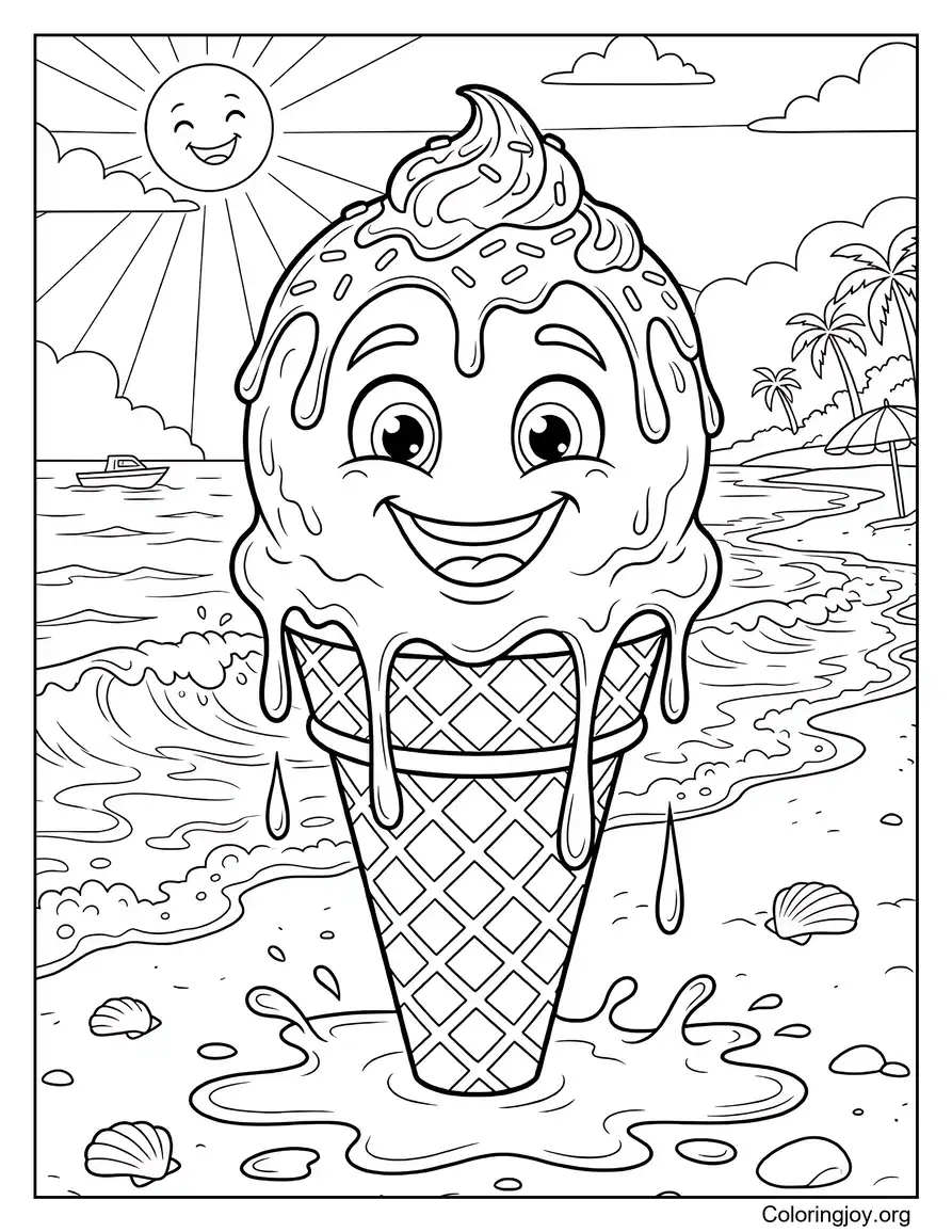 Smiling Ice Cream Cone At The Beach coloring page