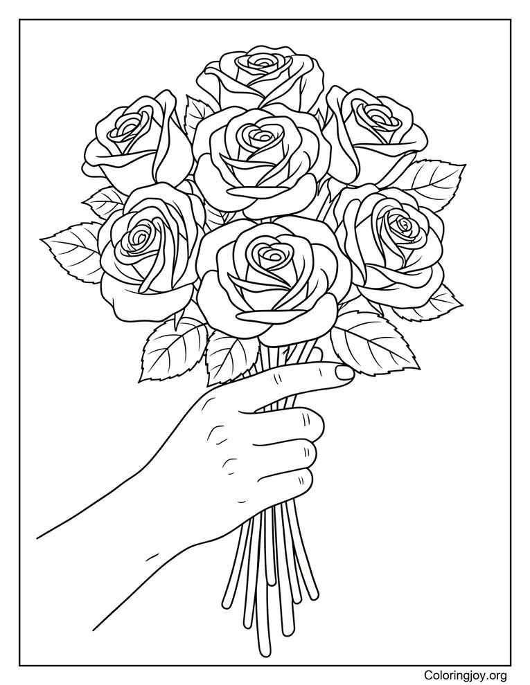 Hand Holding Bouquet of Roses Coloring Page