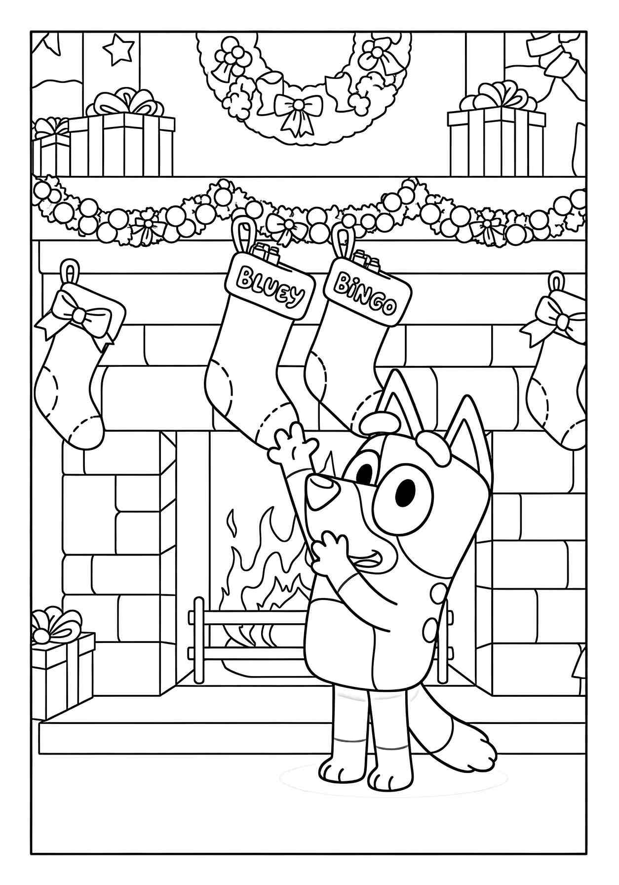 Bluey Hanging Christmas Stockings Coloring page