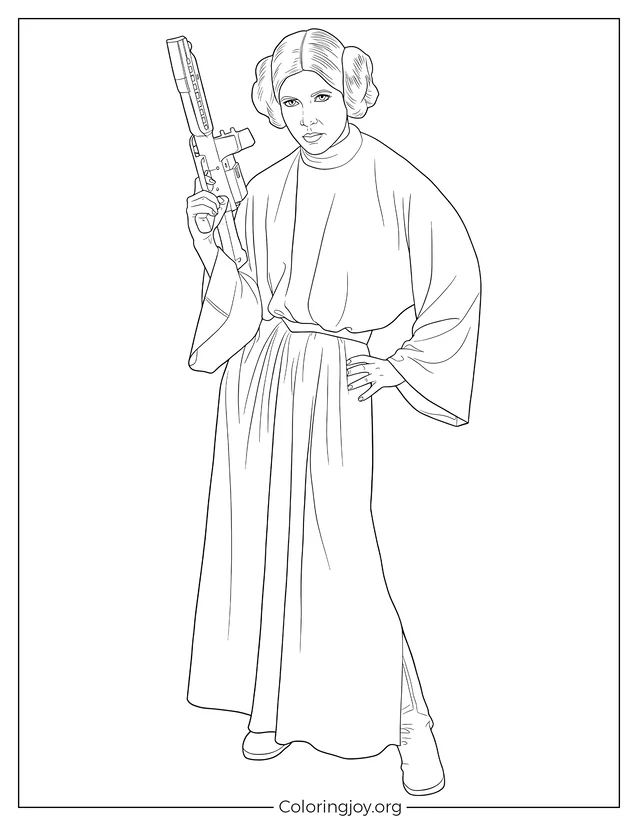 Hoja para colorear de la princesa leia con una pistola página para colorear