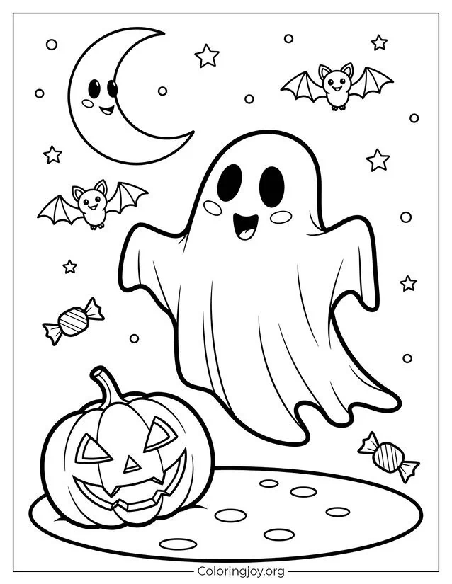 Página para colorear de Halloween fantasma sonriente tonto