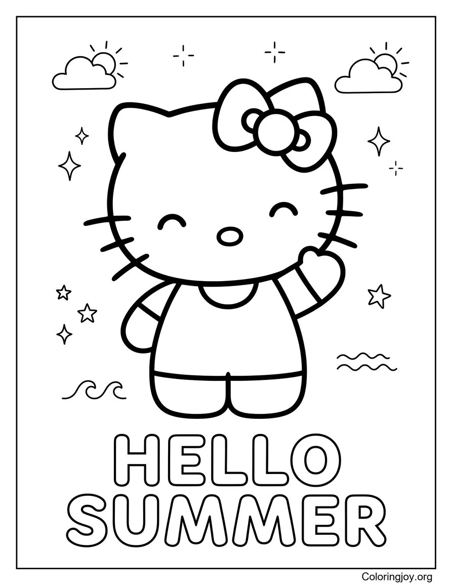 Hello Summer Kitty Coloring Sheet coloring page