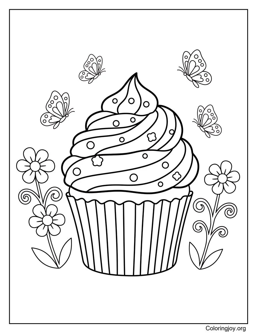 Coloriage Cupcakes arc-en-ciel dans le jardin