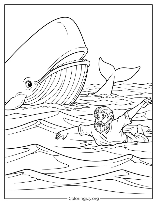 Ballena a punto de tragarse a Jonás Hoja para colorear