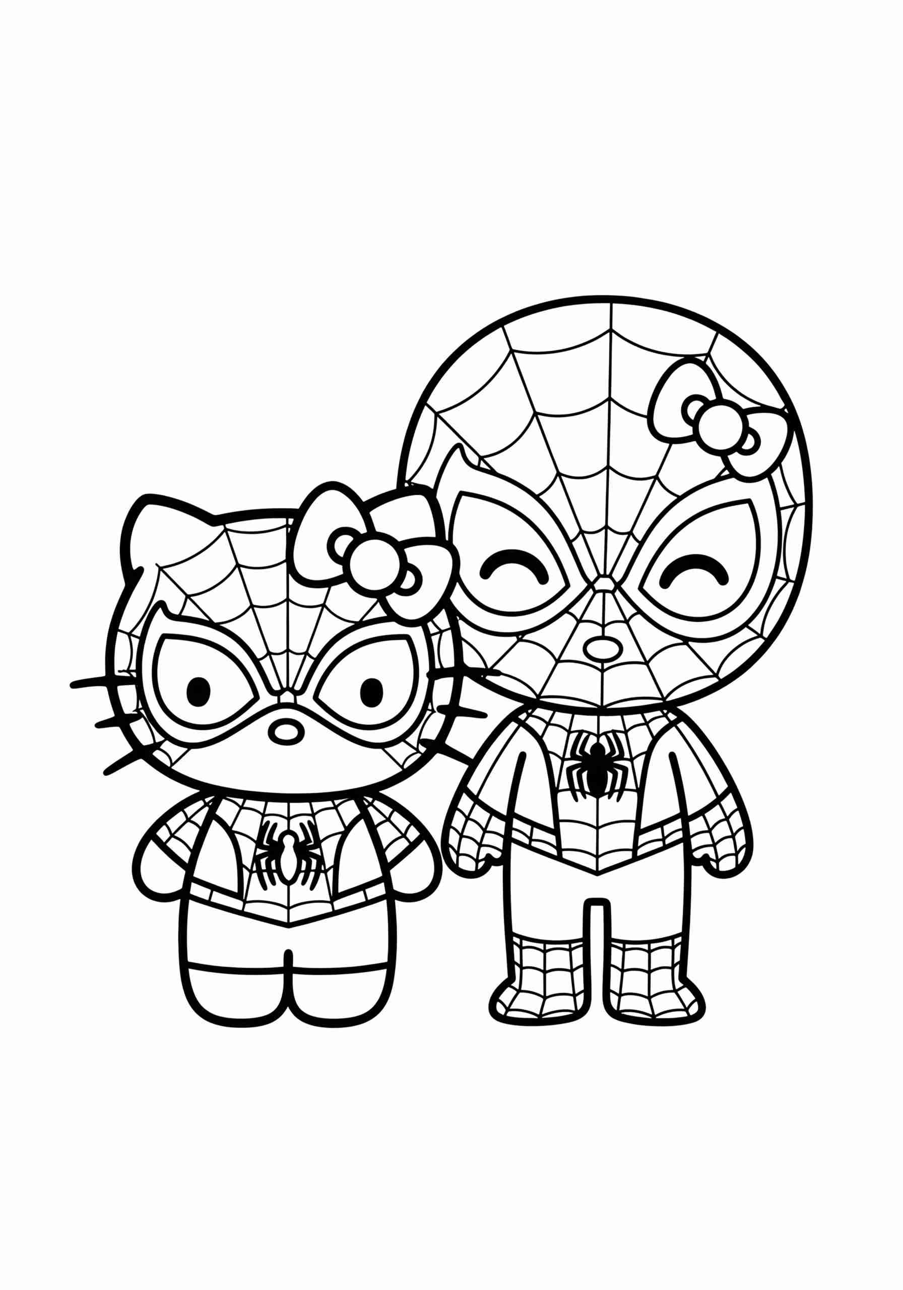 Página para colorear de Hello Kitty y Spiderman Superhero Friends