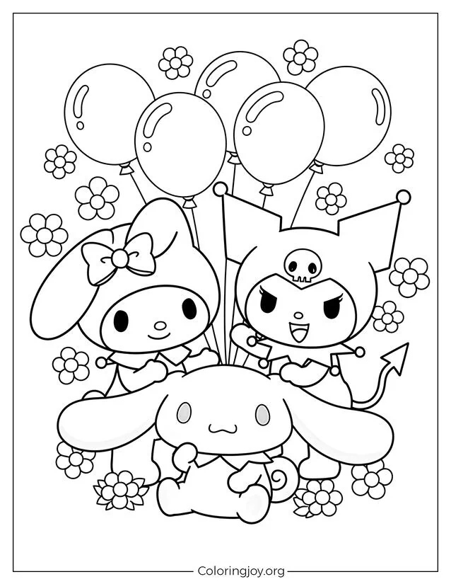 Malvorlage von My Melody, Kuromi und Cinnamoroll