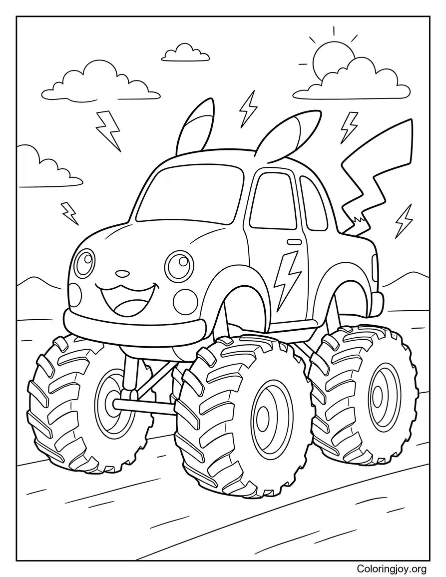 Pikachu Style Monster Truck Coloring Outline coloring page
