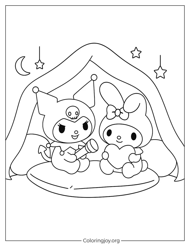 Kuromi und My Melody entspannen sich in einer großen Kissenfestung mit Decken, Sternen und einer Monddekoration.