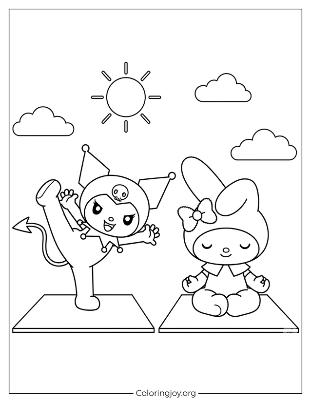 Entzückende Malvorlage von Kuromi, die mit My Melody Yoga auf einfachen Matten versucht.