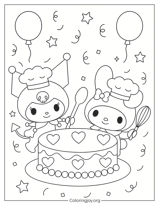 Kuromi und My Melody backen einen großen, mit Herzen verzierten Kuchen, während Luftballons, Sterne und Konfetti herumschweben.