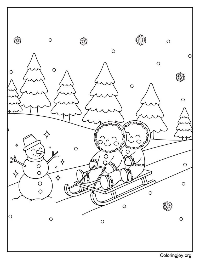 Niños de pan de jengibre paseando en trineo junto a un muñeco de nieve brillante