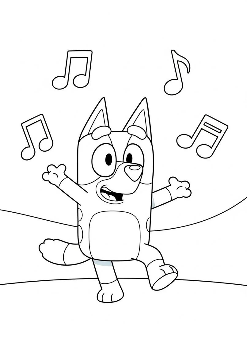 Fiesta de baile energético de Bluey con notas musicales