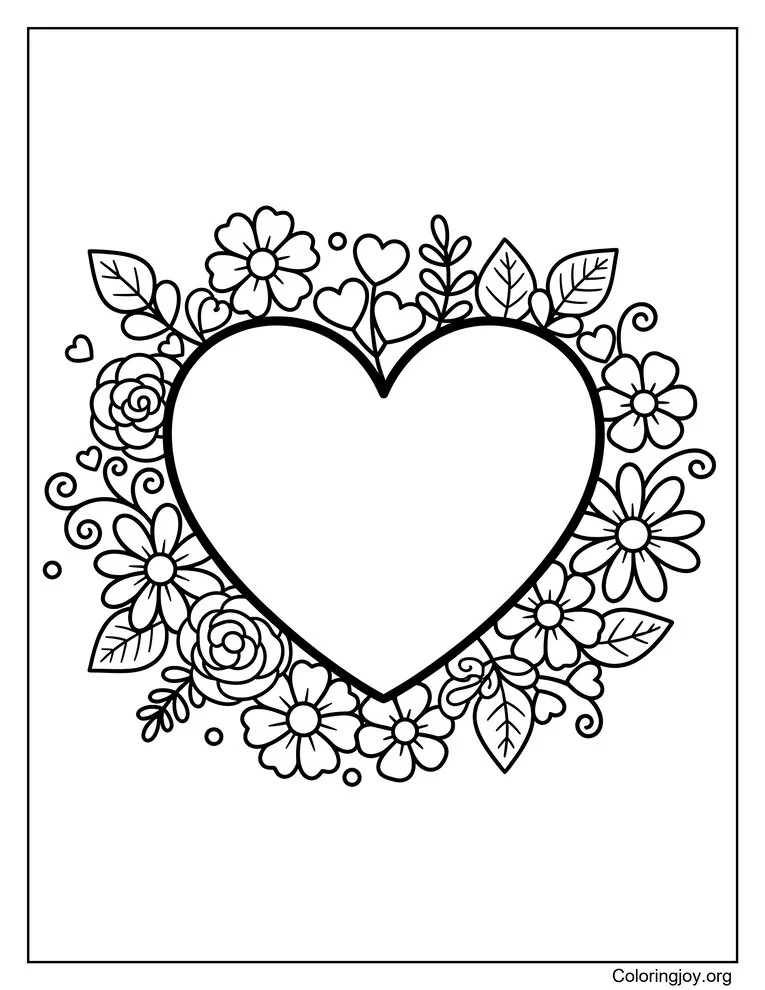 Página para colorear de corazón con flores