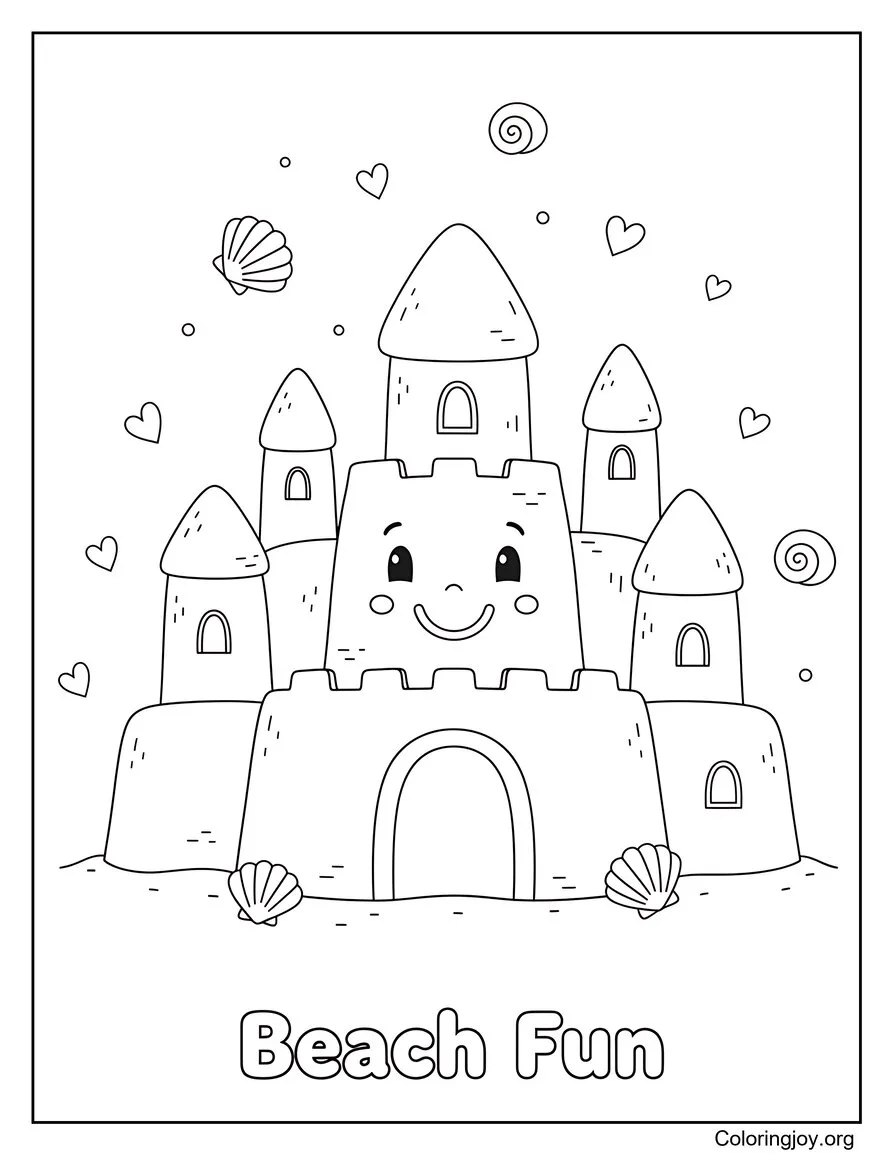 Pagina da colorare estiva per bambini sulla spiaggia con costruzione di castelli di sabbia disegno da colorare