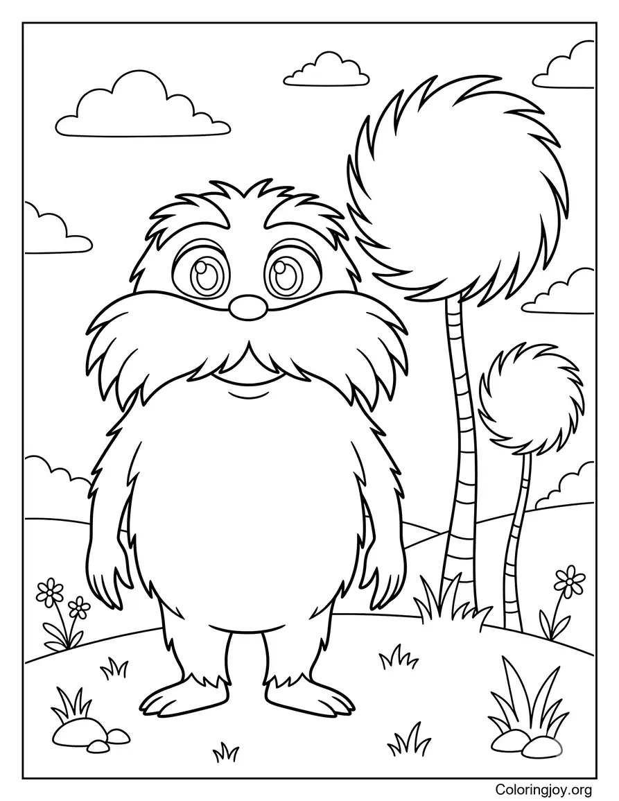 The Lorax Standing Beside Colorful Truffula Trees coloring page