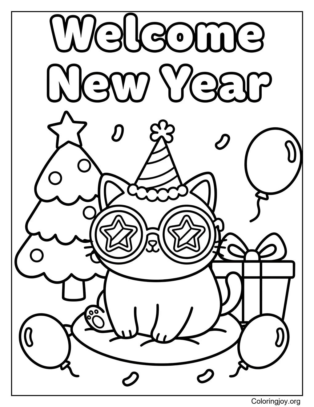 Welcome New Year decorative color design coloring page