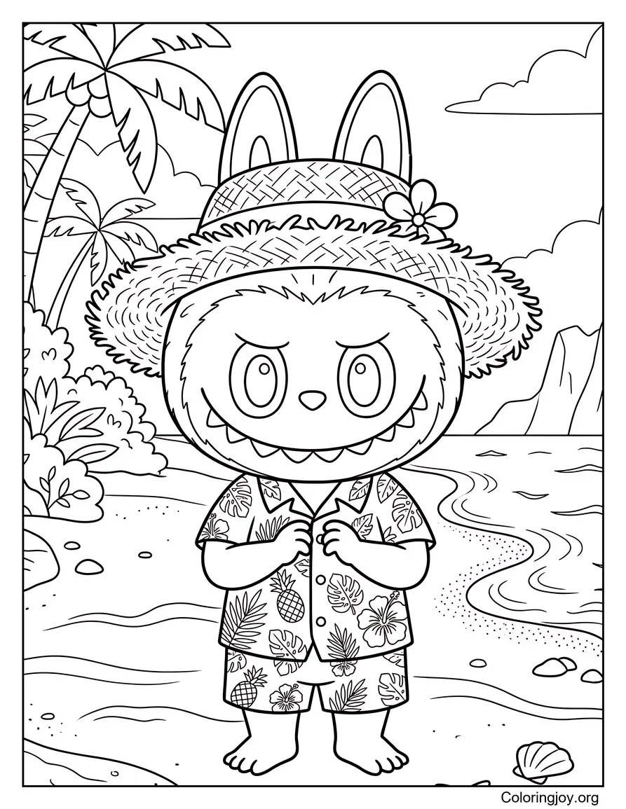 Usando un sombrero de paja en un traje tropical Hoja para colorear inspirada en Labubu página para colorear