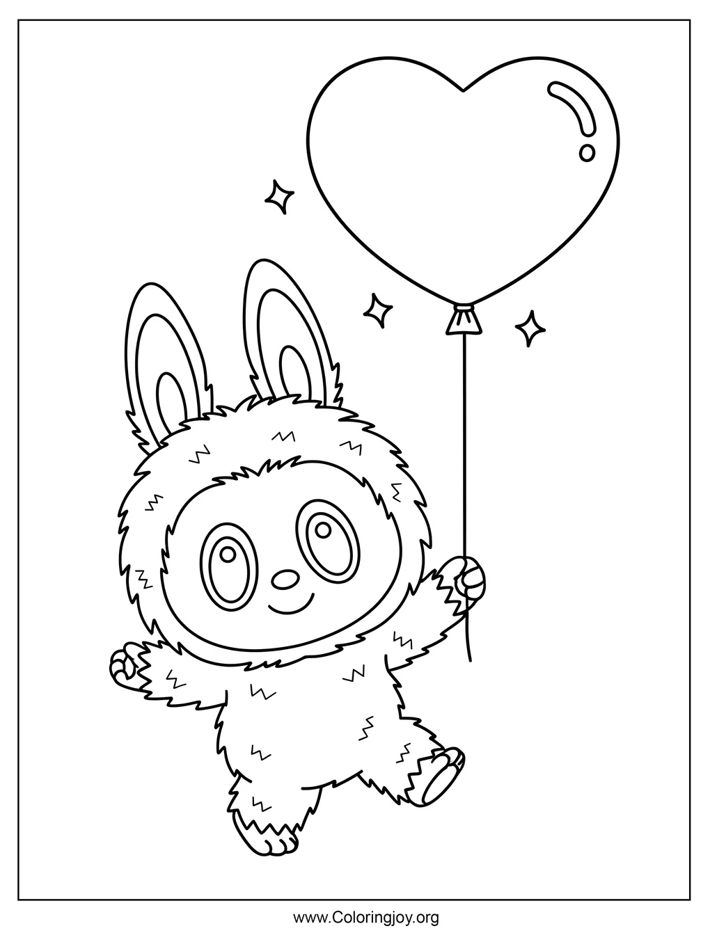 Adorable Labubu bailando con un globo de corazón página para colorear