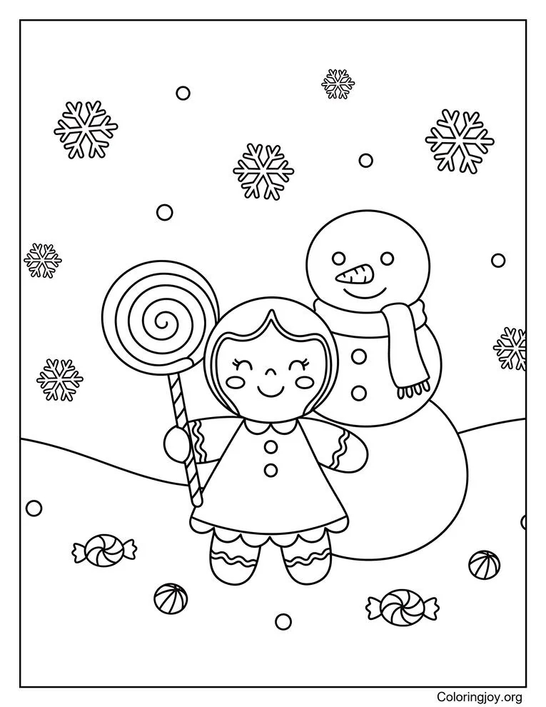 Niña de pan de jengibre disfrutando de un caramelo frente a un muñeco de nieve festivo