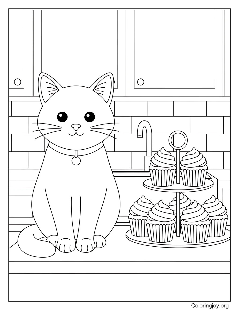 Surrounded by treats, this cat sits happily near cupcakes.