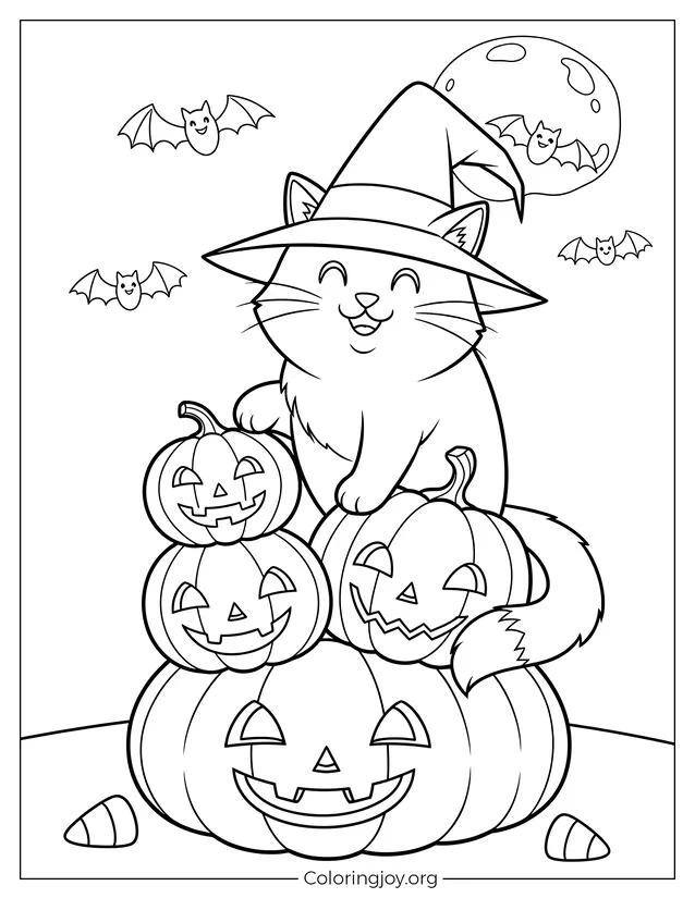Glückliche Katze auf Kürbishaufen Halloween-Malspaß