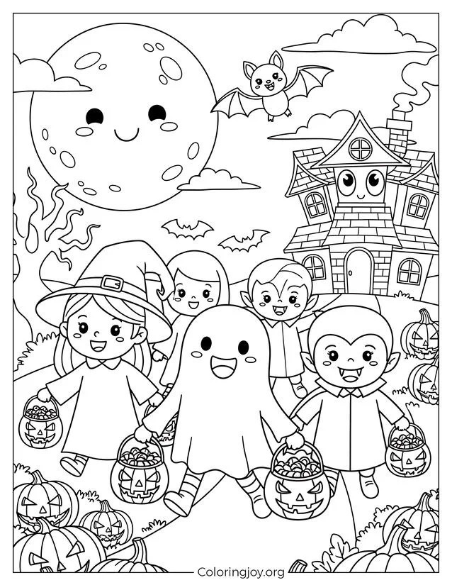 Lächelnde Kürbislaternen-Halloween-Szene zum Ausmalen