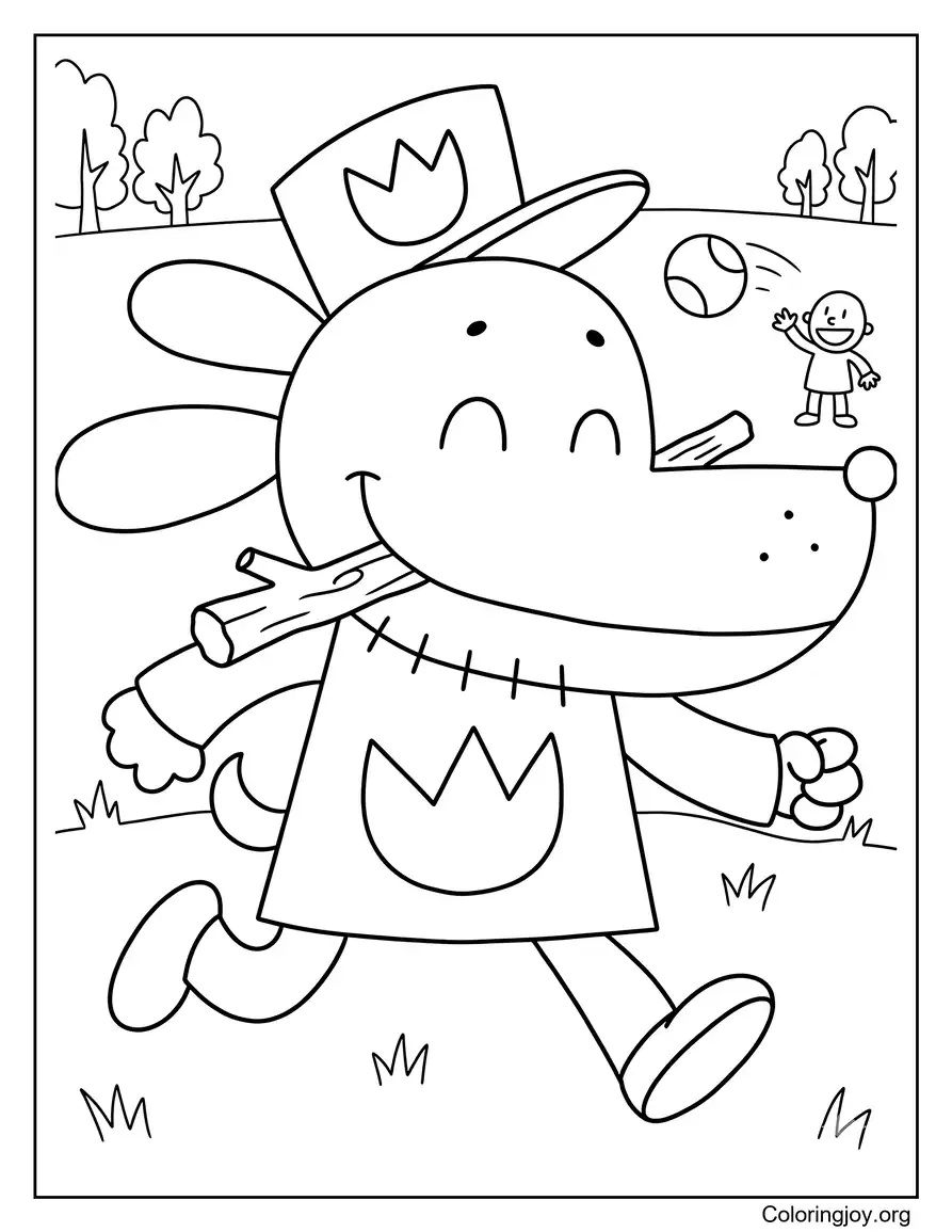 Dog Man Jugando a buscar con alegría página para colorear